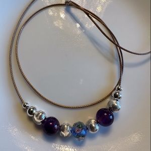 HAND CRAFTED Amethyst Murano Rose Silver Beads on Golden Tan cord 25” Necklace